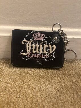 Juicy Couture Black Card Holder Keychain with Pink Crown Accent